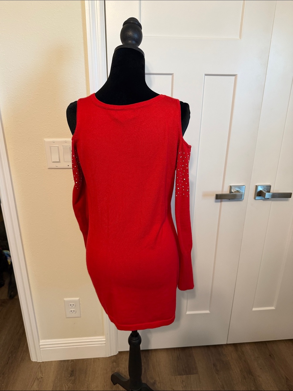 Red Cold-Shoulder Rhinestone Knit Top - Picture 3 of 6